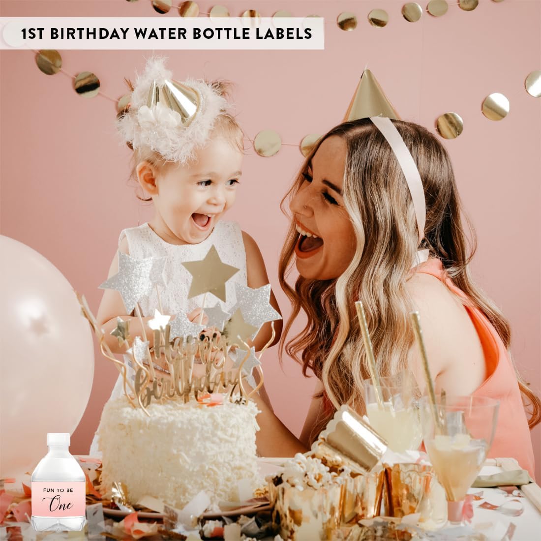 Andaz Press Blush Pink Rose Elegant Party Baby Girl's 1st Birthday Collection, Waterproof Water Bottle Labels, Fun to Be One, 20-Pack, Party Favors Decor Gift Ideas