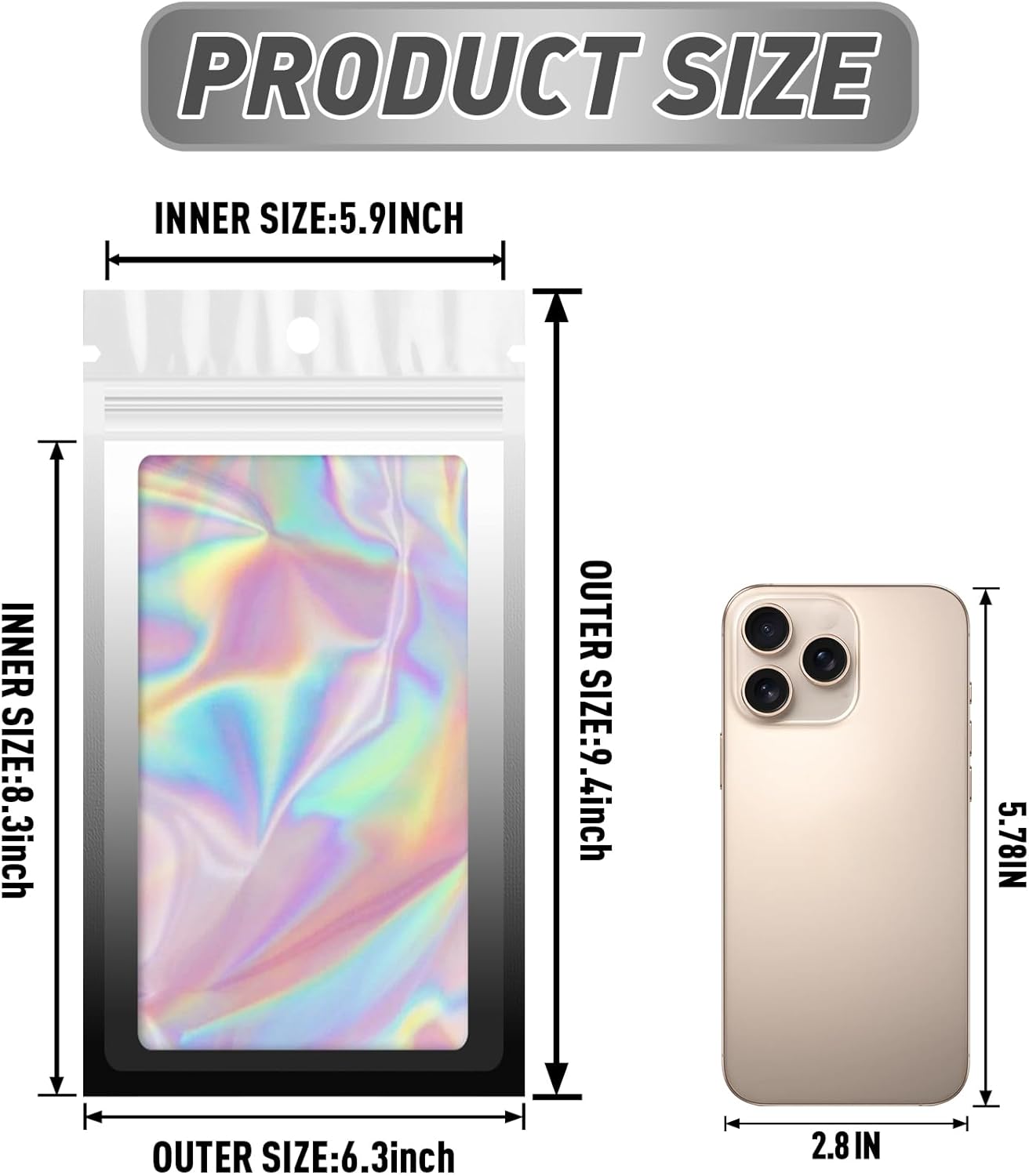 Funfery 100 Pack Gradient Holographic Bags,Resealable Bags with Zipper,Clear Window Packaging Pouchs,Foil Bag for Food Storage,Small Business,Sample Jewelry Bag(6.3×9.4In,White Black)