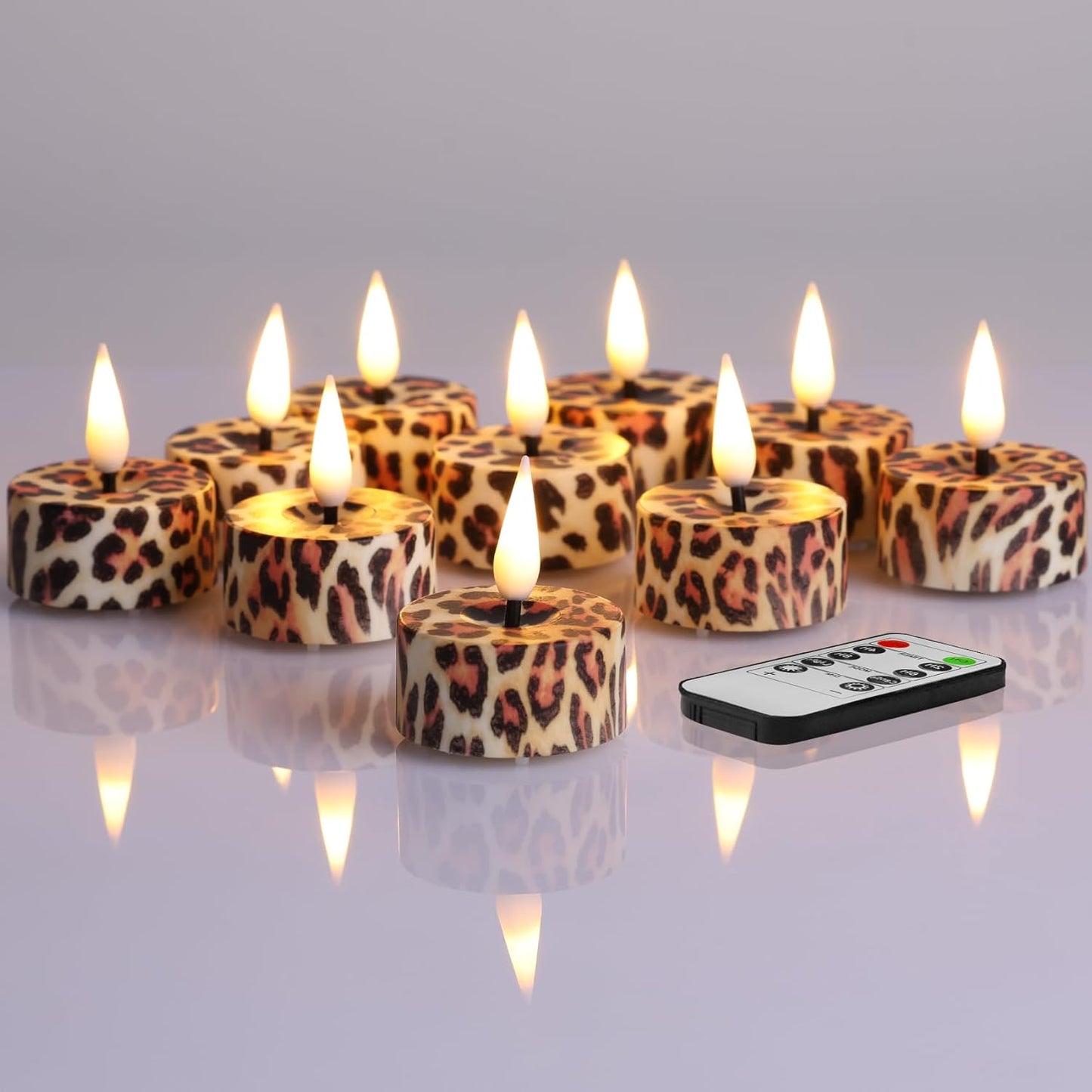 Eywamage Leopard Flameless Tealights with Remote Batteries Included, Flickering Plastic Cheetah LED Tea Votive Candles Set of 12