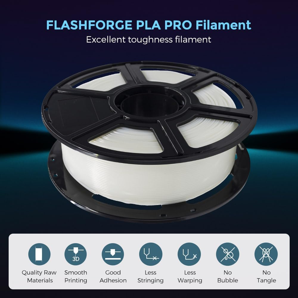 FLASHFORGE 3D Printer Filament, PLA PRO Filament 1.75mm, 1KG Spool (2.2lbs), Dimensional Accuracy +/- 0.02mm for FDM 3D Printers, Better Tenacity & No Knotting (Transparent)