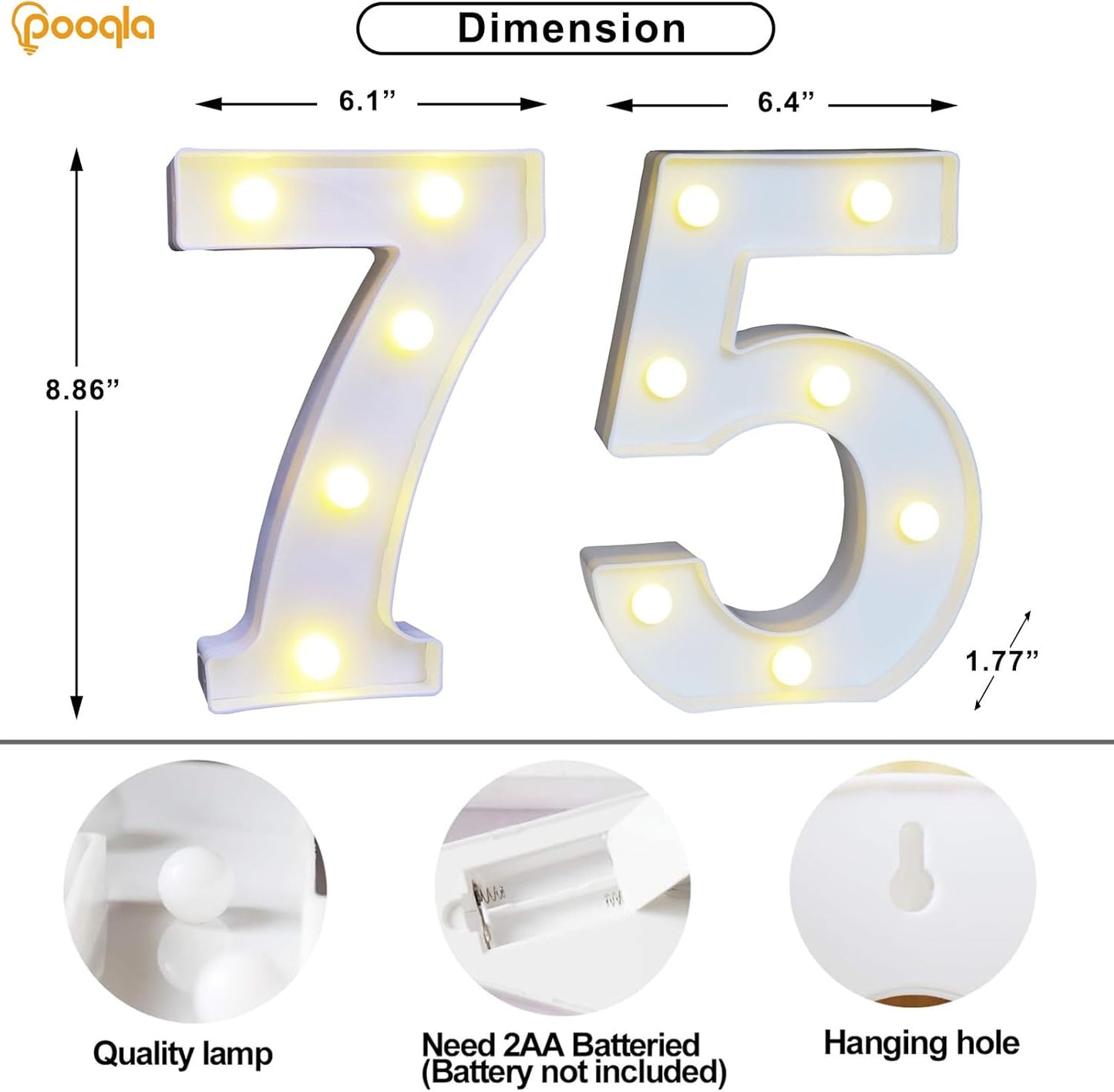 Pooqla 75th Birthday Decoration for Woman Man, Decorative LED Light Up Numbers, Marquee Numbers 75 Sign for Party Backdrop 75th Wedding Anniversary Decor, Warm White and Cool White Number 75