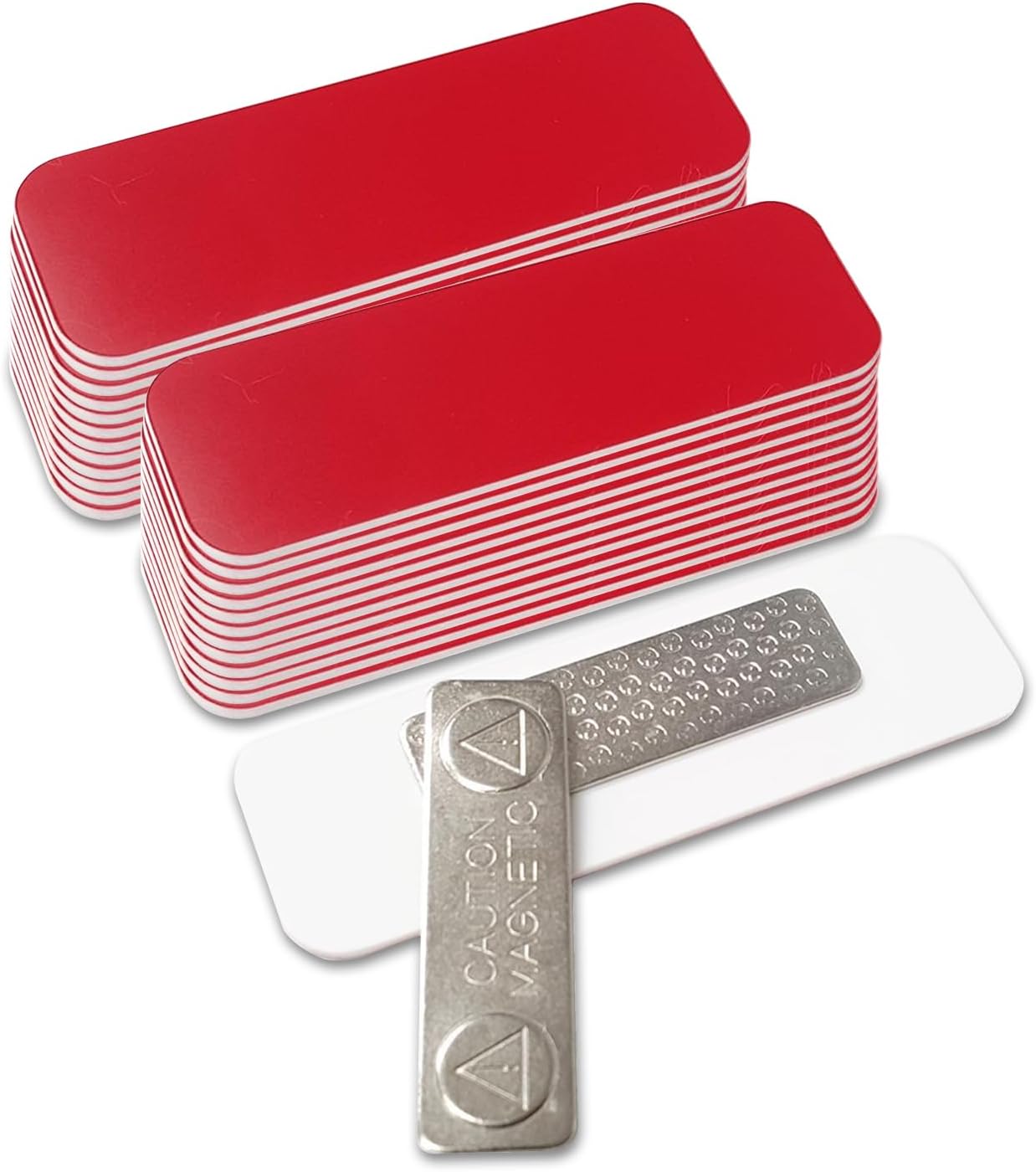Red Name Tag Blanks – 25 Pack, 1" x 3", Round Corners, Durable Plastic Engravable Badges with Magnetic Backing – All Quality Badges