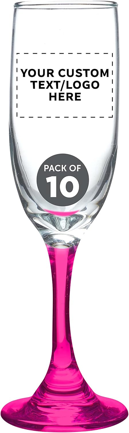 DISCOUNT PROMOS Custom Premiere Champagne Flutes 6.25 oz. Set of 10, Personalized Bulk Pack - Elegant Drinkware for Weddings, Events, & Promotional Gifts - Pink