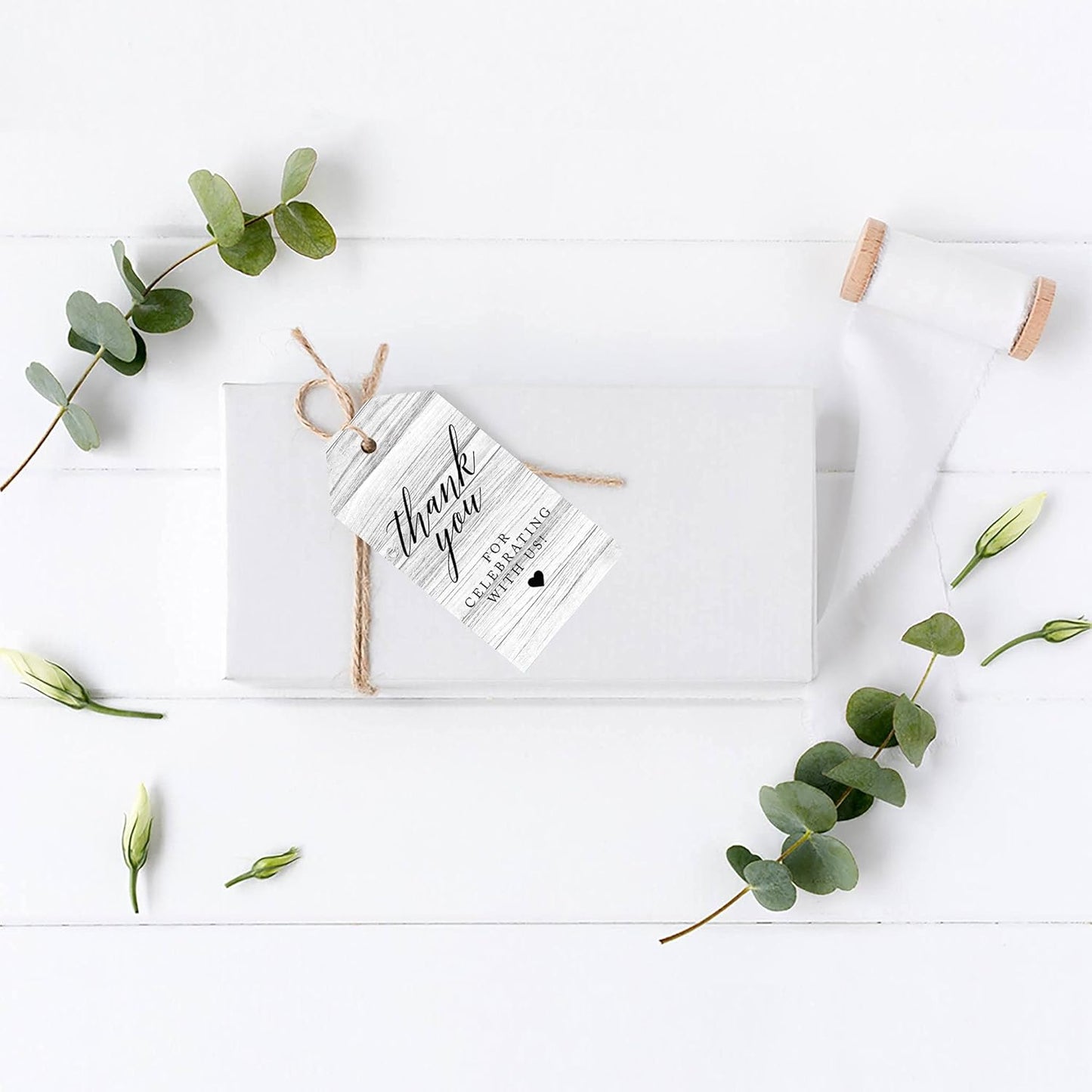 Andaz Press 100-Pack Thank You for Celebrating with Us Favor Tags Gray Rustic Wood Cardstock Gift Tags with Bakers Twine for Wedding Baby Shower Bridal Shower Birthday Party Favors 2 x 3.75-Inches