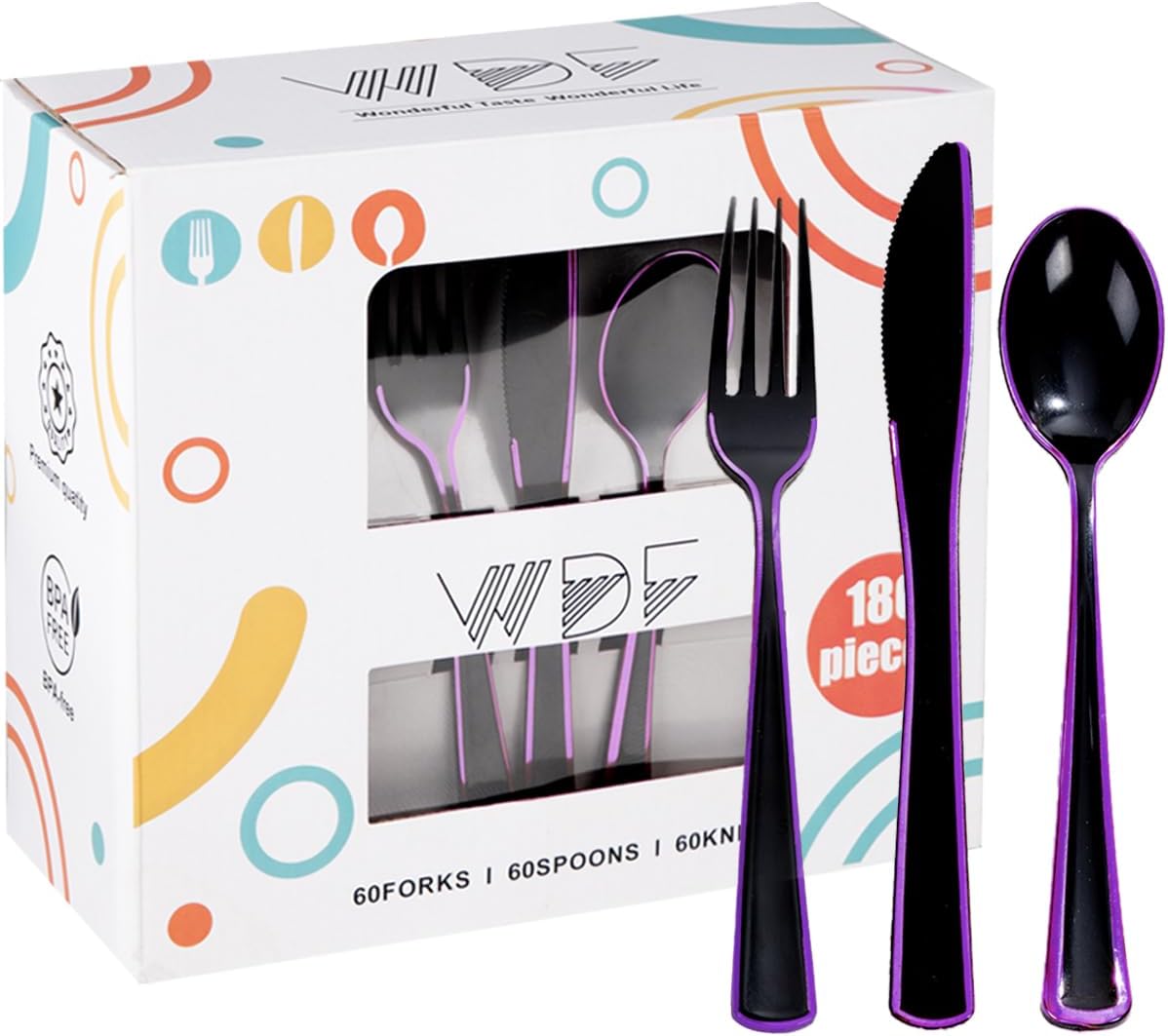 WDF 180 Pieces Black and Purple Halloween Plastic Silverware - Black Flatware Set Include 60 Forks, 60 Knives and 60 Spoons Heavy Duty Plastic Cutlery Purple Utensils for Halloween Party/Birthday