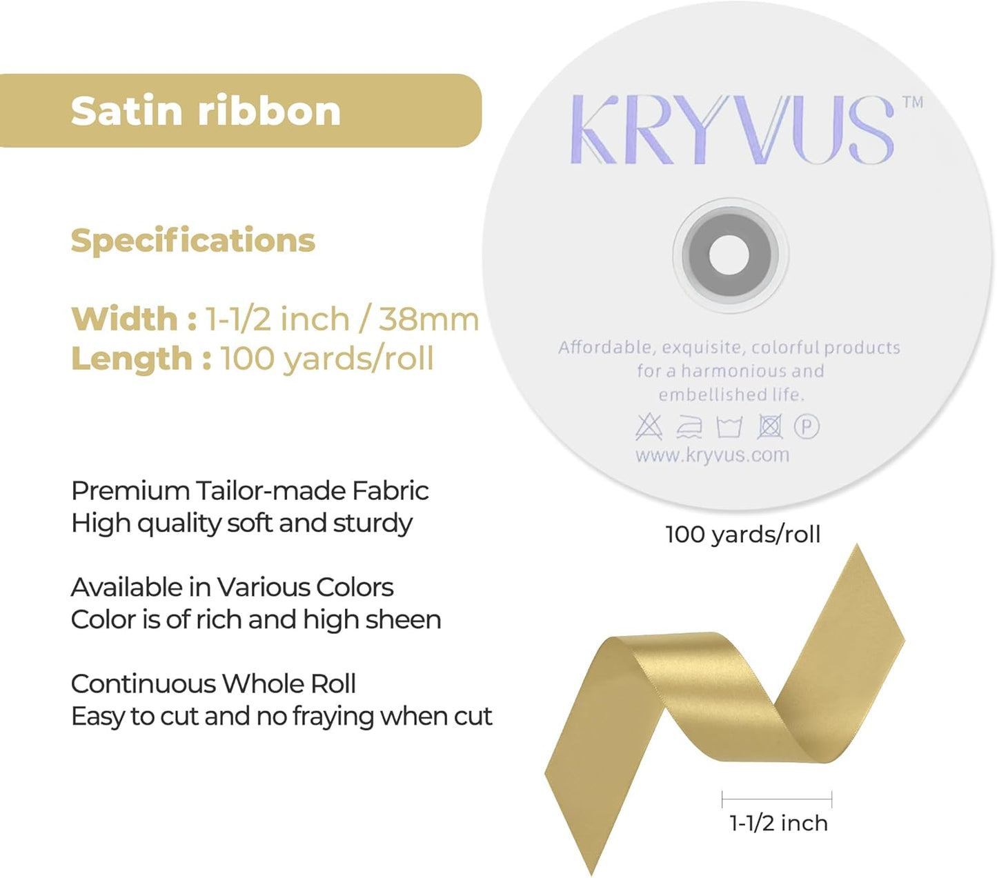 Light Gold Satin Ribbon 1-1/2 inch X Continuous 100 Yards, Single Face Polyester Ribbon Perfect for Gift Wrapping, Flower Bouquet, Wedding Decor, Crafts, Bow Making, Sewing and More