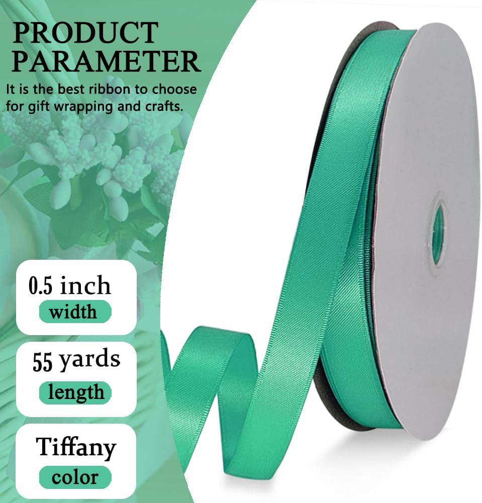 Aqua Satin Ribbon Double Faced Satin 1/2 inch x 55 Yards Polyester Ribbon for Gift Wrapping Crafts Wedding Decoration Bows Ornaments Party Bouquet Floral Arrangement