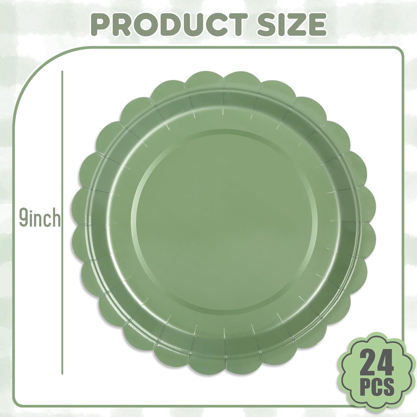 24 Pcs Sage Green Paper Plates 9 Inch Scalloped Dessert Plates - Disposable Sage Green Cake Plate - Baby Shower Birthday Party Wedding Bridal Party Supplies