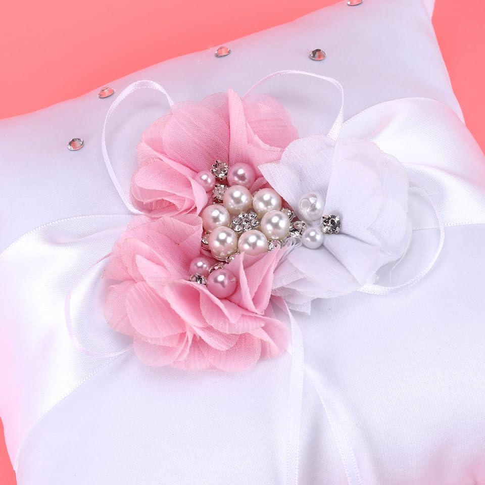 Wedding Ring Pillow Cushion with Pearl and Flower Decoration Elegant White Pink Ring Bearer Pillow for Wedding Ceremonies and Special Occasions