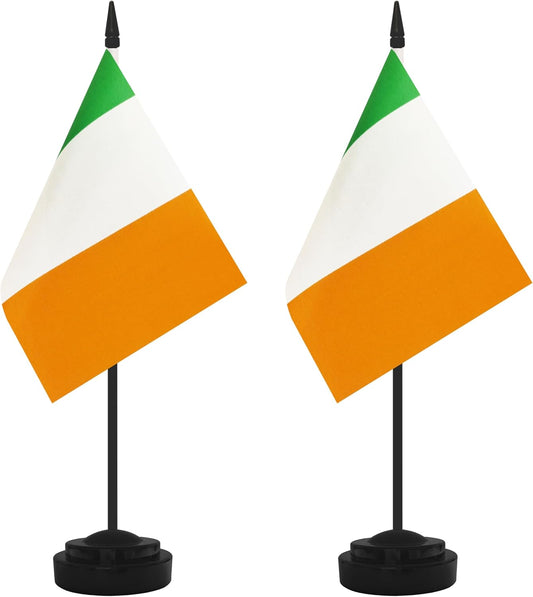 2 Pack Ireland Desk Flag Set, Irish Desktop Small Miniature Table Office Flag with 12" Black Pole and Black Base, Offices, Classroom, Home, Festival Decoration (Ireland)
