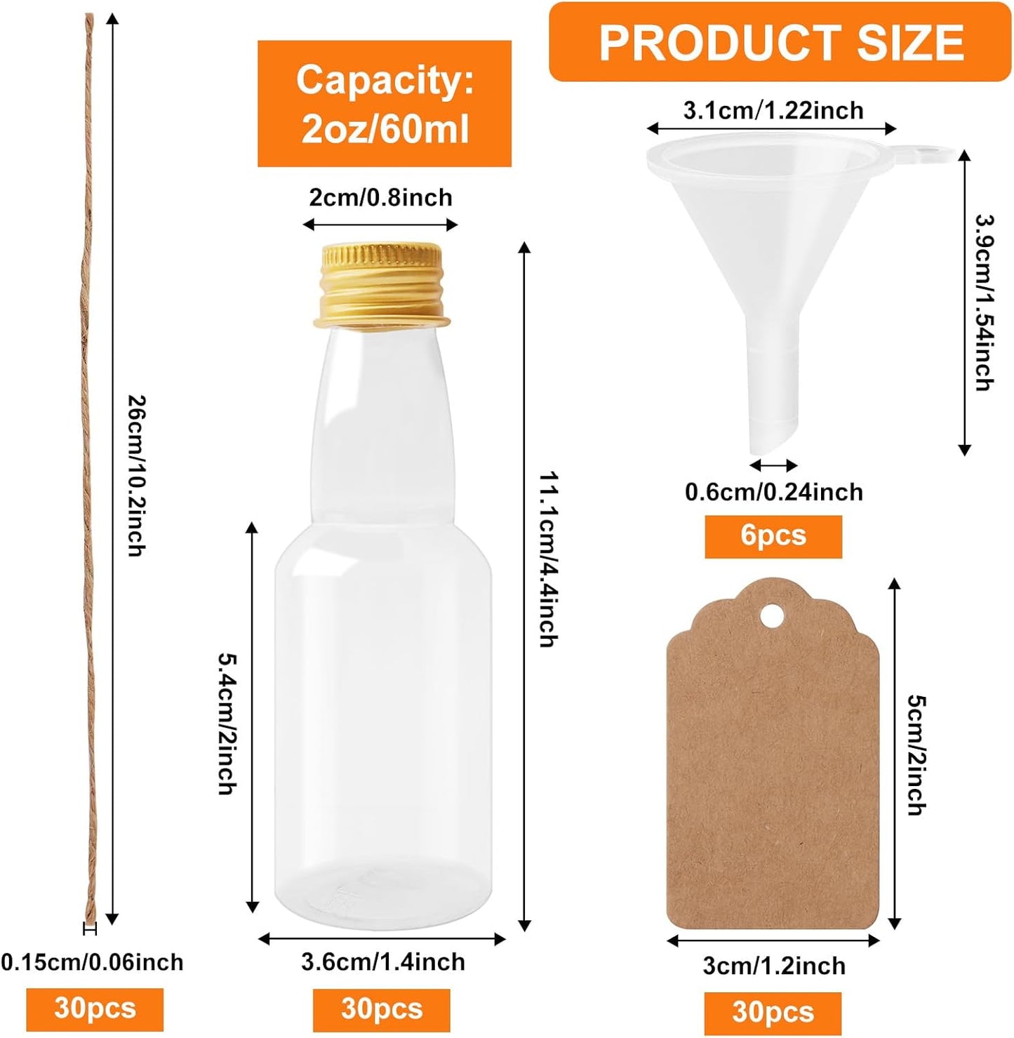 96 Pcs Mini Liquor Bottles Set, 30 Pcs 2oz Plastic Alcohol Bottles with Gold Cap, 30pcs Kraft Tags and 6pcs Funnels with 30pcs Ropes, Miniature Bottle Bulk for Wedding Birthday Christmas Party Favor