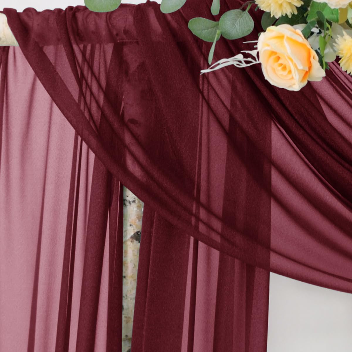 Socomi Wedding Arch Draping Fabric 29" x 20Ft 4 Panels Burgundy Sheer Outdoor Curtain Drapes Extra Long for Bridal Baby Shower Ceremony Birthday Party Decor