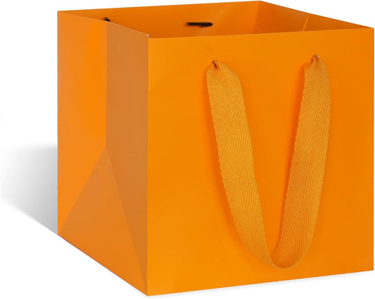 ADIDO EVA Orange Square Gift Bags Small Size Square Bottom Paper Bags with Handles for Party Favor, Shopping Bag (8x8x8 In, 10 CT)