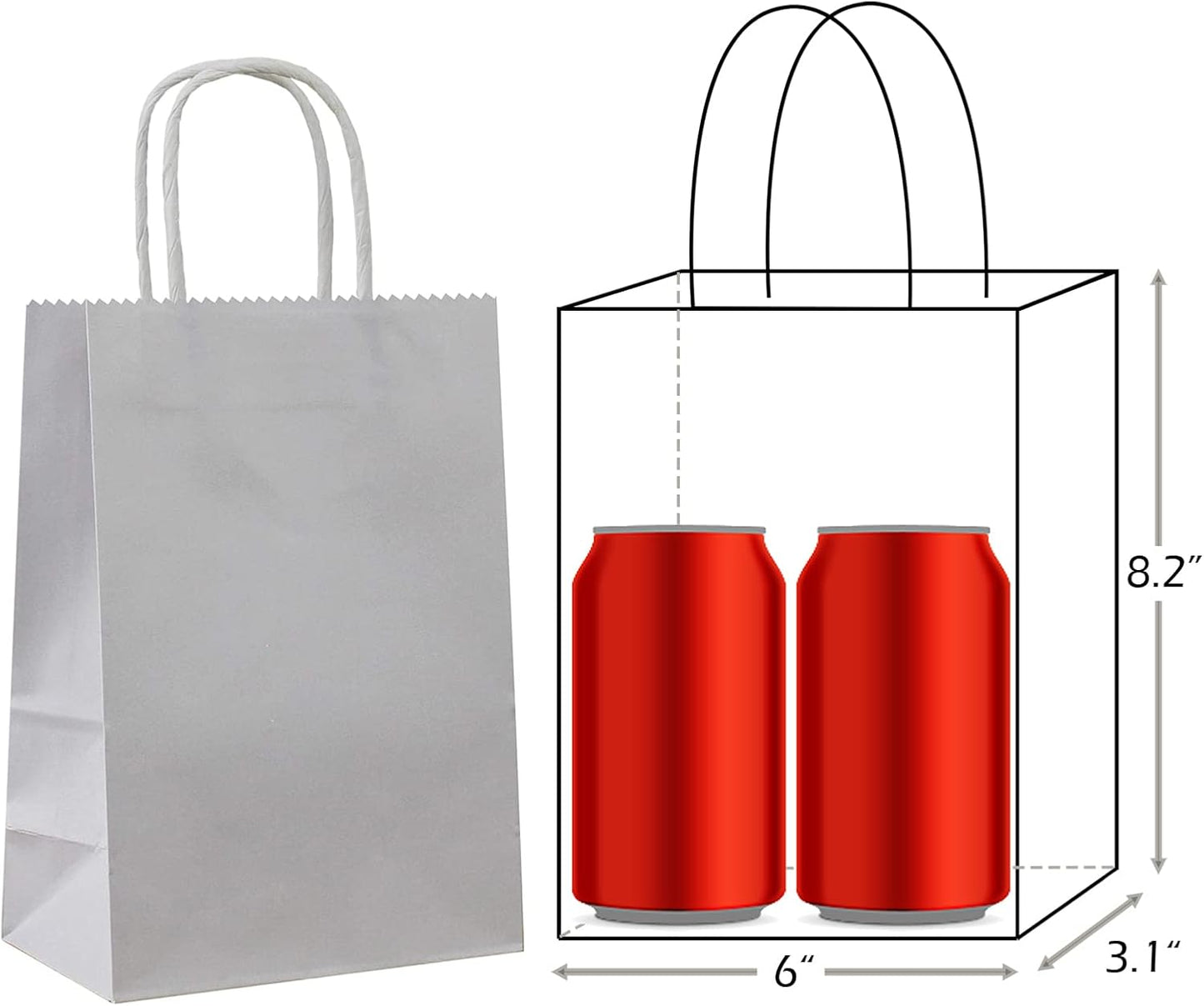 25 PCS Small Gift Bags Flat Gray Kraft Paper Bags with Handles for Party Favor (8.2 x 6 x 3.1 In)