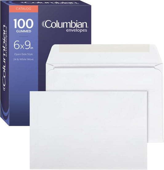 Columbian 6 x 9 Booklet Envelopes, Windowless, White, Gummed Closure, Mailing Envelopes, 100/Box (COLO915)