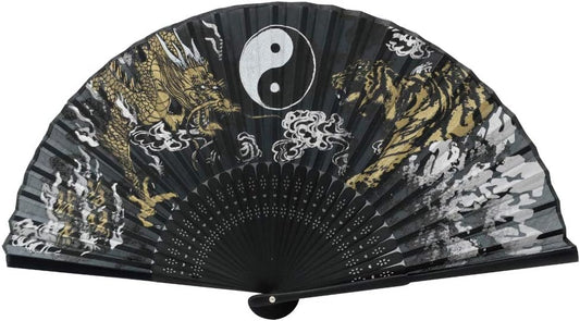 Terra Distribution Folding Fan [Japan Import] Hand Fans for Women Foldable, Japanese Fan, Unique Design, Handmade Bamboo, Silk Fan, 8.6" (22cm), Abanicos de Mano (548 (Yin Yang Dragon Tiger))