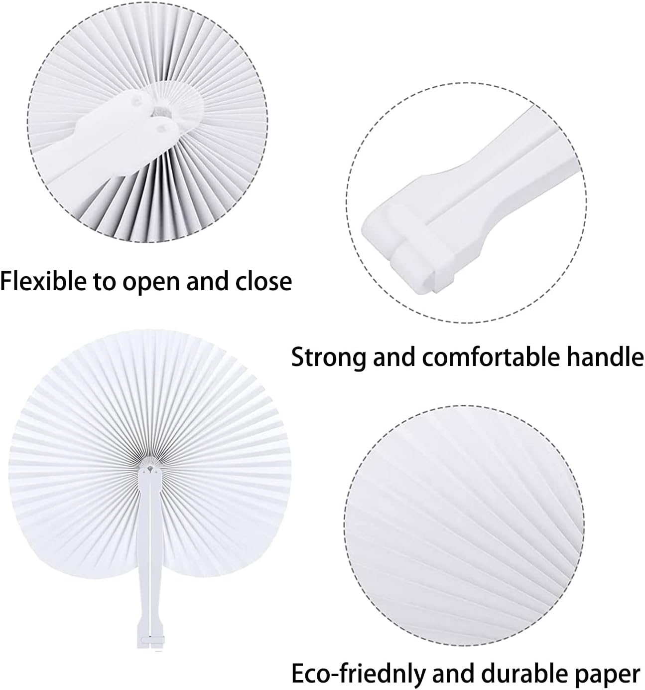 ZWIN 48 Pcs Paper Fans Wedding Paper Fans for Guests Pocket Folding Paper Fans with Plastic Handle White Blank Paper Fans for Guests Celebartion Party Decoration