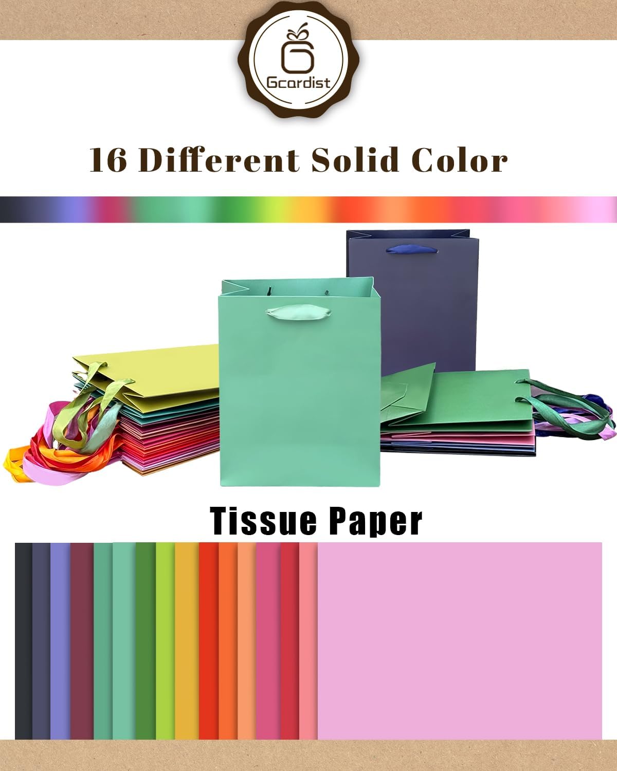 Gcardist 16 Colors Gift Bags with Tissue Paper for Wedding, Birthday, Party Supplies-7.9"x4.3"x9.6" Light Color Series Medium Size Cardboard Gift Bags （16pcs Bags +32pcs Tissue Paper ）