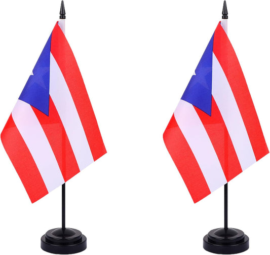 Puerto Rico Desk Flag 12" Solid Pole Deluxe Set Puerto Rican Flags Banner Mini Small Puerto Rico Office Table Flags with Black Stand Base Desktop Decorations(2Pack)