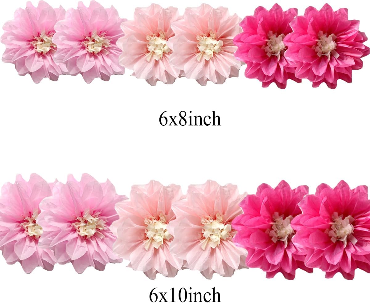 12pcs 8in 10in Paper Flowers Tissue Flowers Pom Paper Pom Poms Hanging Flowers Floral Backdrop Wedding Party Flower Decorations DIY Art Craft Blooms for Birthday Baby Shower Nursery Decor Pink