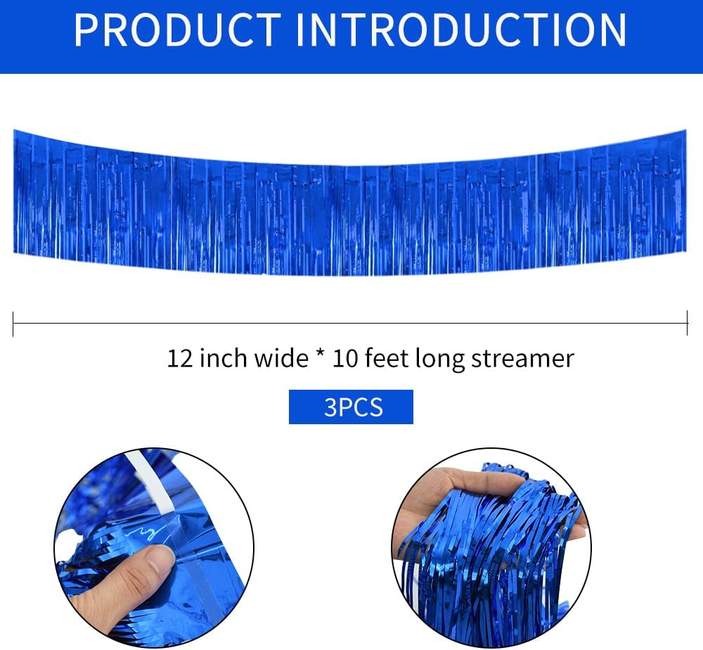 BEISHIDA 3 Packs Metallic Foil Fringe Garland Blue Wall Hanging Tinsel Fringe Banners for Valentine New Year Floats Bridal Shower Wedding Birthday Halloween Holiday Party Decoration(30 Feet)