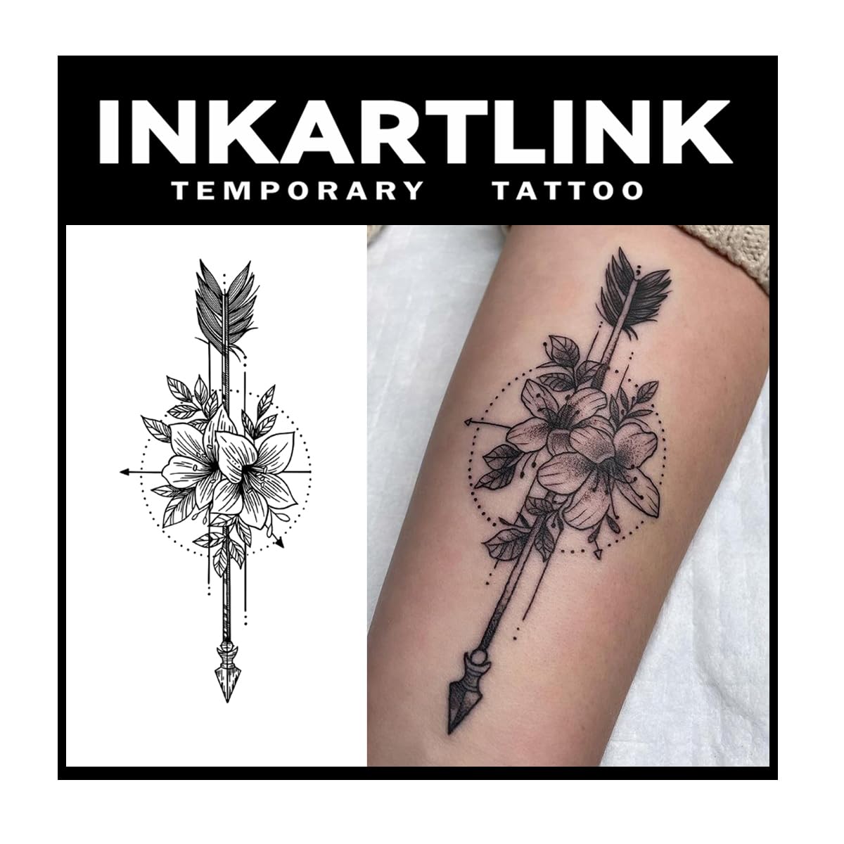 INKARTLINK Tattoo Tech, 2 Sheets Large Semi Permanent Tattoo, Adult Art Design Temporary Tattoos, Lasts 1-2 Weeks, Waterproof, Realistic Look, No Adhesive, No Reflection (Flower and Arrow Design)