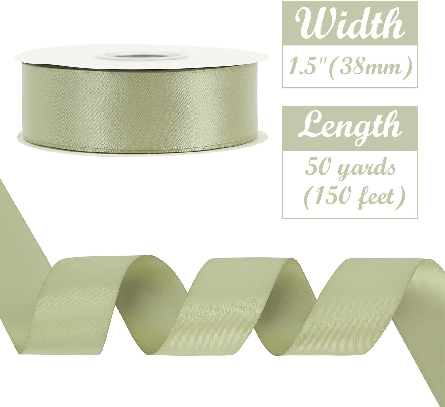 HUIHUANG Dusty Sage Ribbon 1-1/2 inch Double-Faced Satin Ribbon Sage Green Ribbon for Gift Wrapping, Flower Bouquet Wrap, Invitations, Holiday Decor, Bows Making, Crafts-50 Yards
