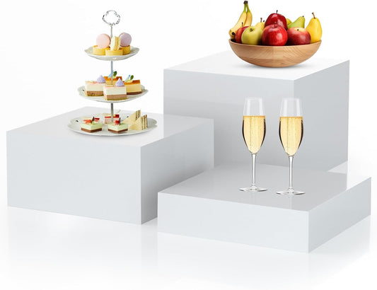 3Pcs White Buffet Risers Acrylic Boxes Display Food Risers for Buffet Table Platter Parties Weddings Catering Dessert Collectibles Figures Show ( 6''x7''x8'')