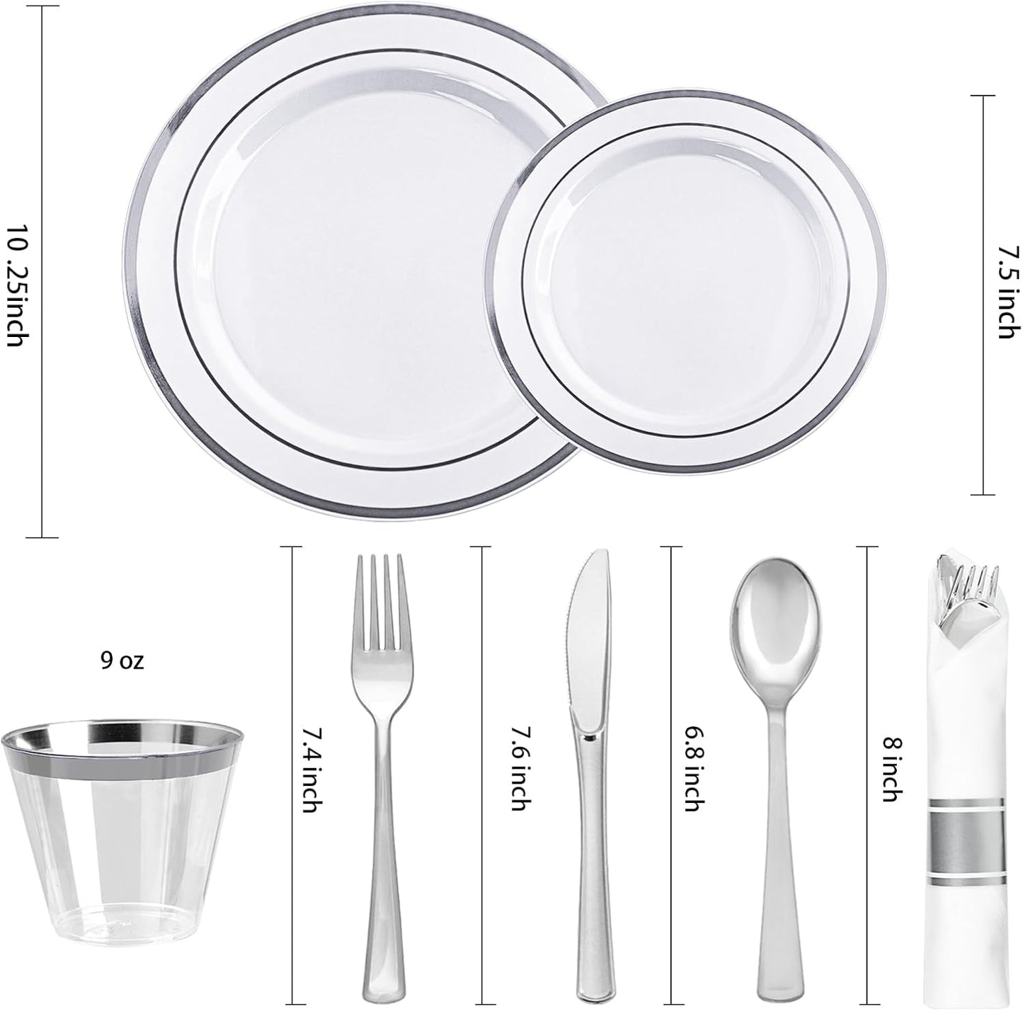 BESTVIP 700PCS Silver Plastic Dinnerware Set for 100 Guests, Disposable Plates for Party, Include: 200 Plastic Plates, 100 Pre Rolled Napkins with Silver Silverware, 100 Cups for Christmas, Halloween