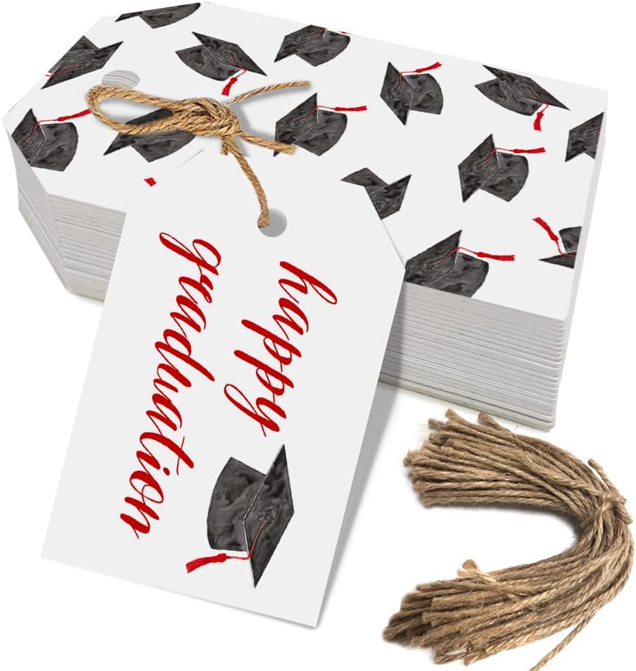 50 Pcs Graduation Gift Tags, Congrats Grad Party Favors Gift Tags for High School or Happy College Graduation Party Decoration Supplies (Red, 2.2 * 3.5)