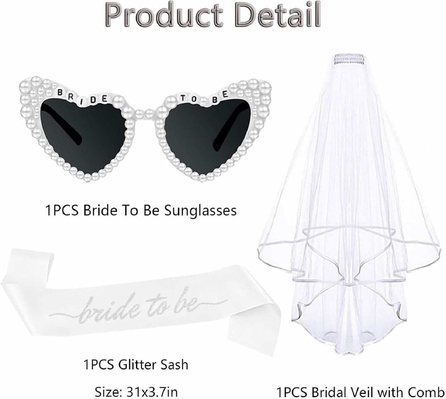 3PCS Glitter Silver Bride To Be Sash and Veil Bride Heart Pearl Sunglasses for Bachelorette Bridal Shower Engagement Party Favors Accessories