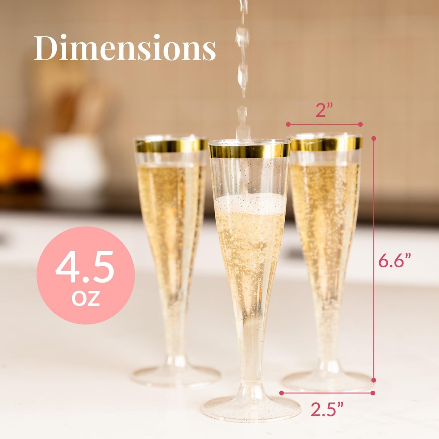 Prestee Set of 24 Plastic Champagne Flutes with Gold Rim - 4.5 oz - Shatterproof Disposable Glasses for Weddings, Cocktail Parties, and Outdoor Celebrations