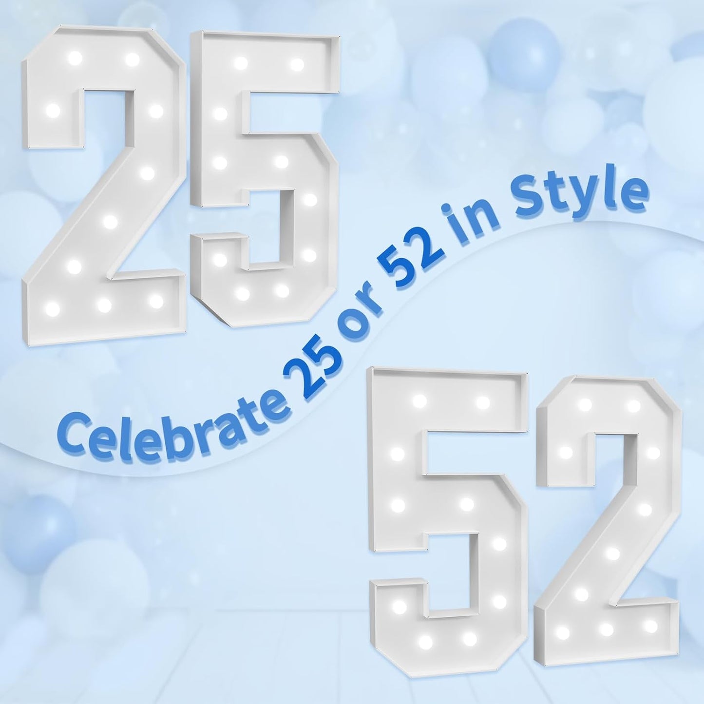 Marquee Numbers Large 52nd-Birthday Decorations: 4ft Light Up Number Party Decor 52 Year Old Women And Men 25th Birthday Decoration Backdrop Anniversary Cardboard Big Mosaic Balloon Frame Number 52