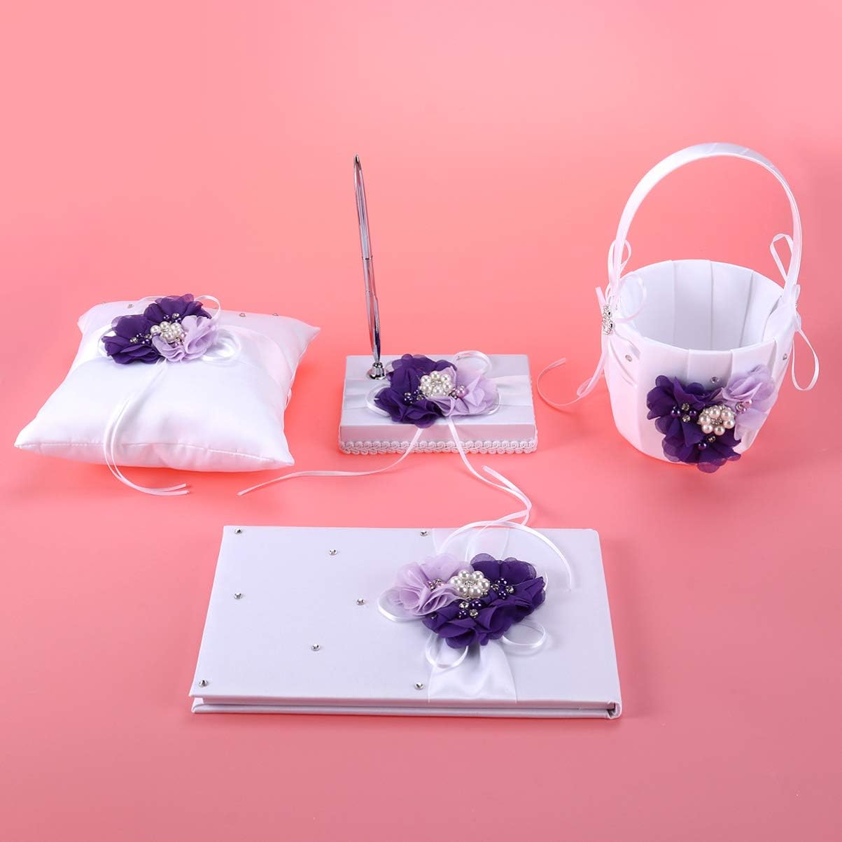 Toyvian 4pcs /Set Ring Bearer Pillow with Pearl Bowknot Flower Girl Basket Wedding Guest Book Table Pen with Pen Holder for Wedding Party Decoration Supplies (Purple Flower)