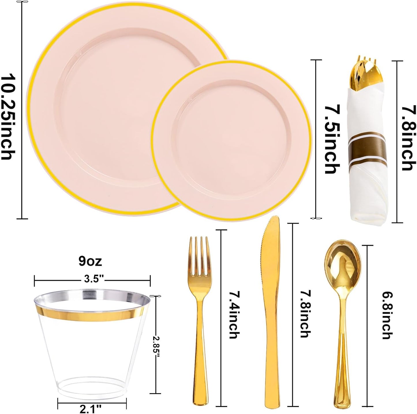 SUT 175 Pcs Pink and Gold Plastic Dinnerware Set for 25 Guests, Include: 25 Dinner Plates, 25 Dessert Plates, 25 Pre Rolled Napkins With Silverware, 25 Cups, Disposable Plates for Baby Shower, Party