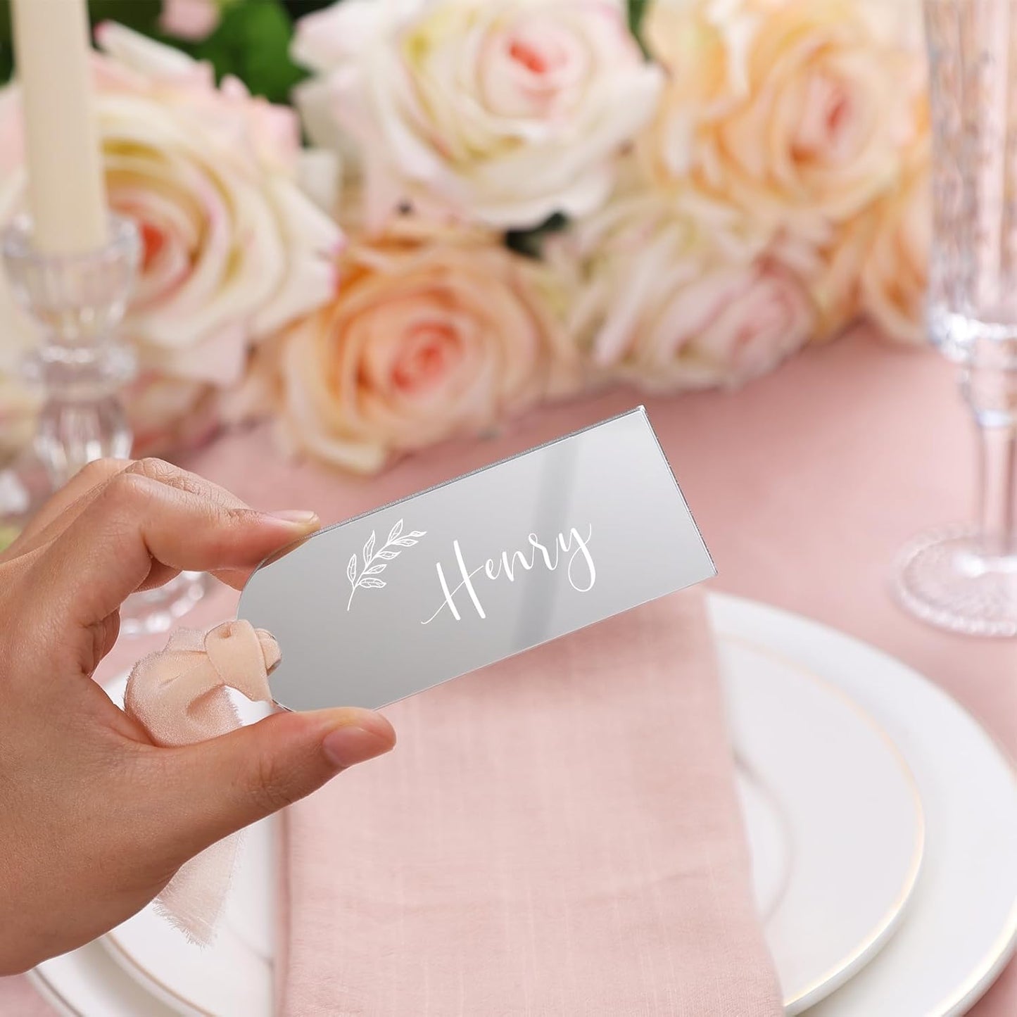 UNIQOOO 20 Pcs Mirror Silver Acrylic Place Cards, 3.9x1.6 inches DIY Blank Hanging Tags, Perfect for Wedding Table Decor, Birthday, Centerpiece, Decoration, Party, Anniversary, Event