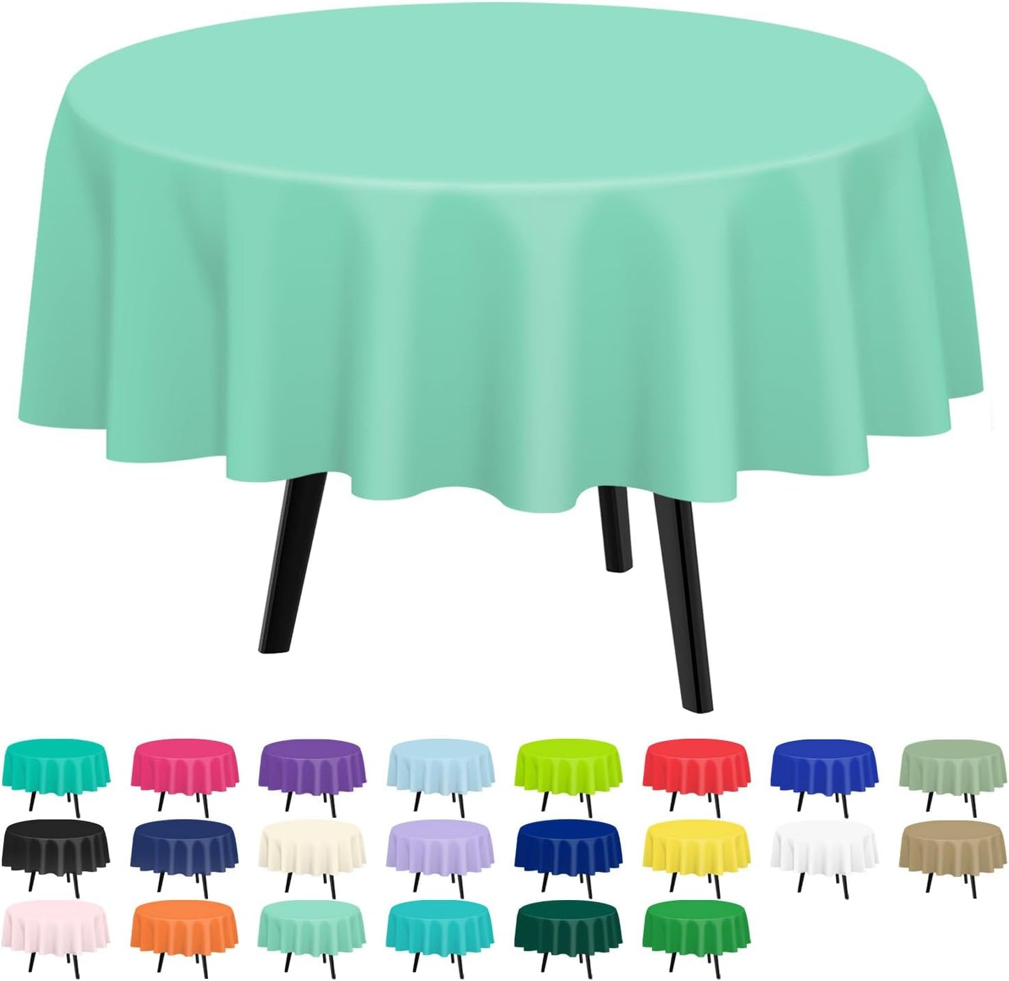 QIKSION Fresh Mint Round Tablecloth 12 Pack, 84 Inch Plastic Table Cover Disposable for Parties