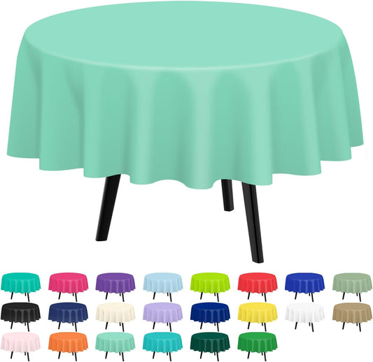 QIKSION Fresh Mint Round Tablecloth 12 Pack, 84 Inch Plastic Table Cover Disposable for Parties