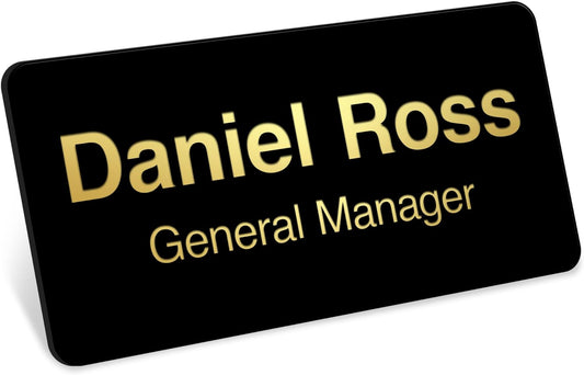 Name Tag, Magnetic Black and Gold Name Tags, Personalized Name Tags, 1.5x3 Inches, Durable Engravable Impact Material, Made in The USA by My Sign Center