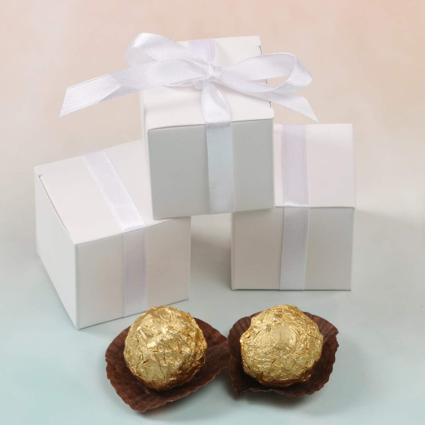 COTOPHER 60pcs Wedding Favor Boxes, Paper Gift Boxes 3x3x3 Inches Small Gift Boxes with Ribbons Small Boxes for Gifts, Crafting, Cupcake, Candy, Bridesmaid Proposal Boxes，Easy Assemble Boxes (White)