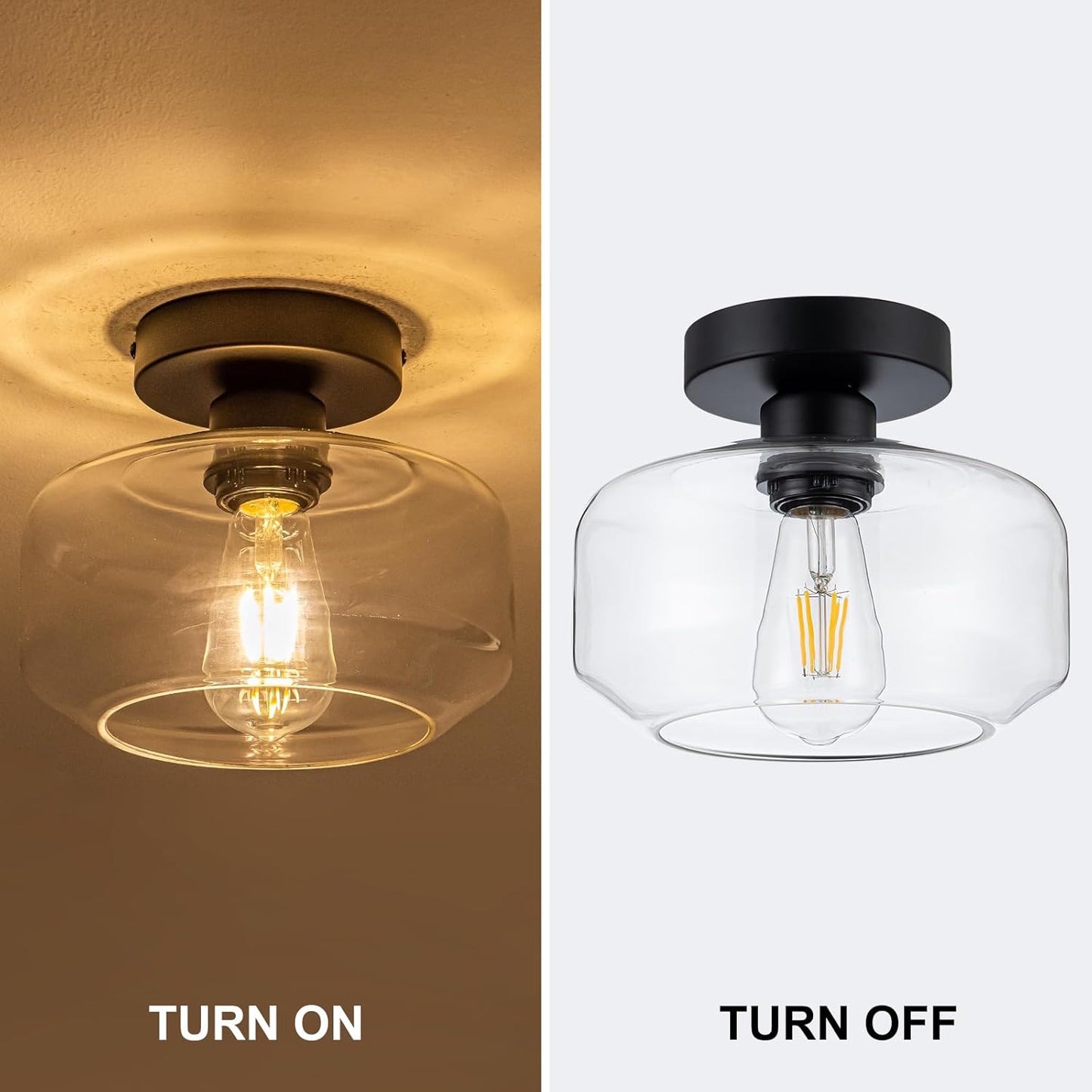 Black Flush Mount Ceiling Light - Modern Glass Semi-Flush Fixture w/LED Bulb - Matte Black Metal for Hallway, Kitchen, Bathroom, Bedroom - Easy Install