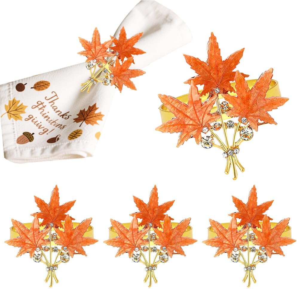 4 Pcs Maple Leaves Napkin Ring, Fall Metal Napkin Ring Holder Maple Leaves Serviette Buckle Holder Autumn Leaf Napkin Buckle for Harvest Season Thanksgiving Fall Decoration