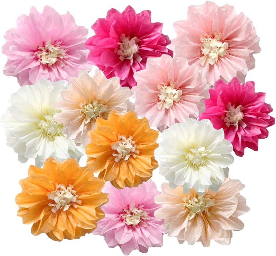 12pcs 8in 10in Paper Pom Poms Hanging Paper Flowers DIY Art Craft Blooms for Occasions: Wedding, Baby Shower, Birthdays