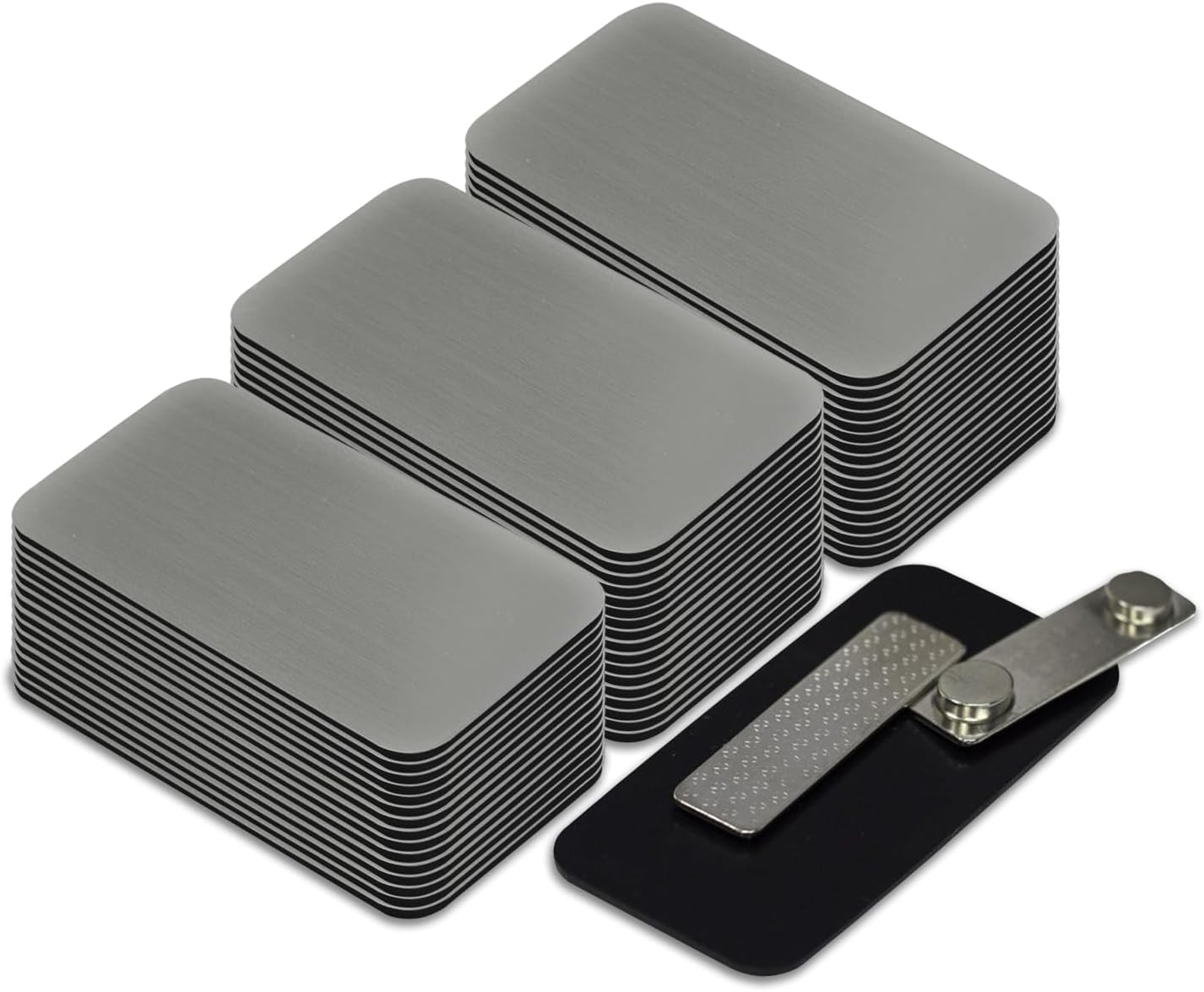 Name Tag/Badge Blanks - 50 Pack - 1-1/2" X 3" (Brushed Silver) Round Corners, Magnetic Backing