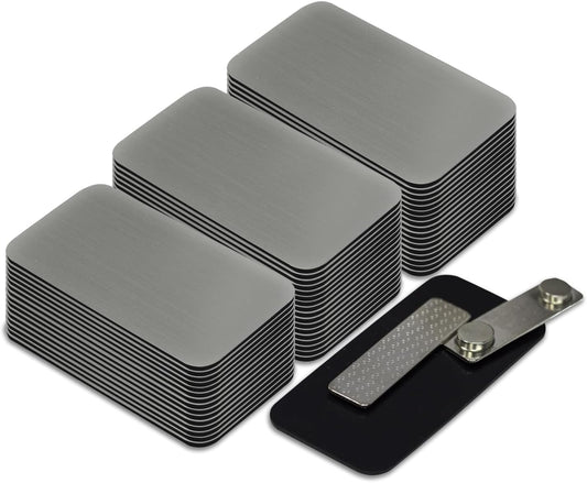 Name Tag/Badge Blanks - 50 Pack - 1-1/2" X 3" (Brushed Silver) Round Corners, Magnetic Backing