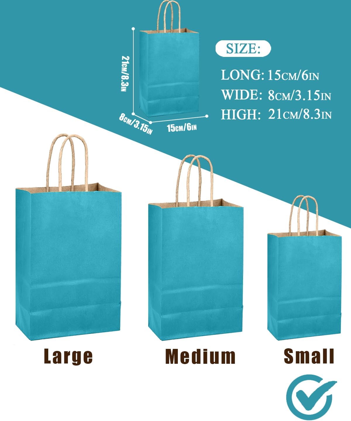 qiqee Sea Blue Gift Bag with Handles Bulk 24Pcs Paper Bags -8.3"x6"x3. 15" Party Favor Bags - Solid Color