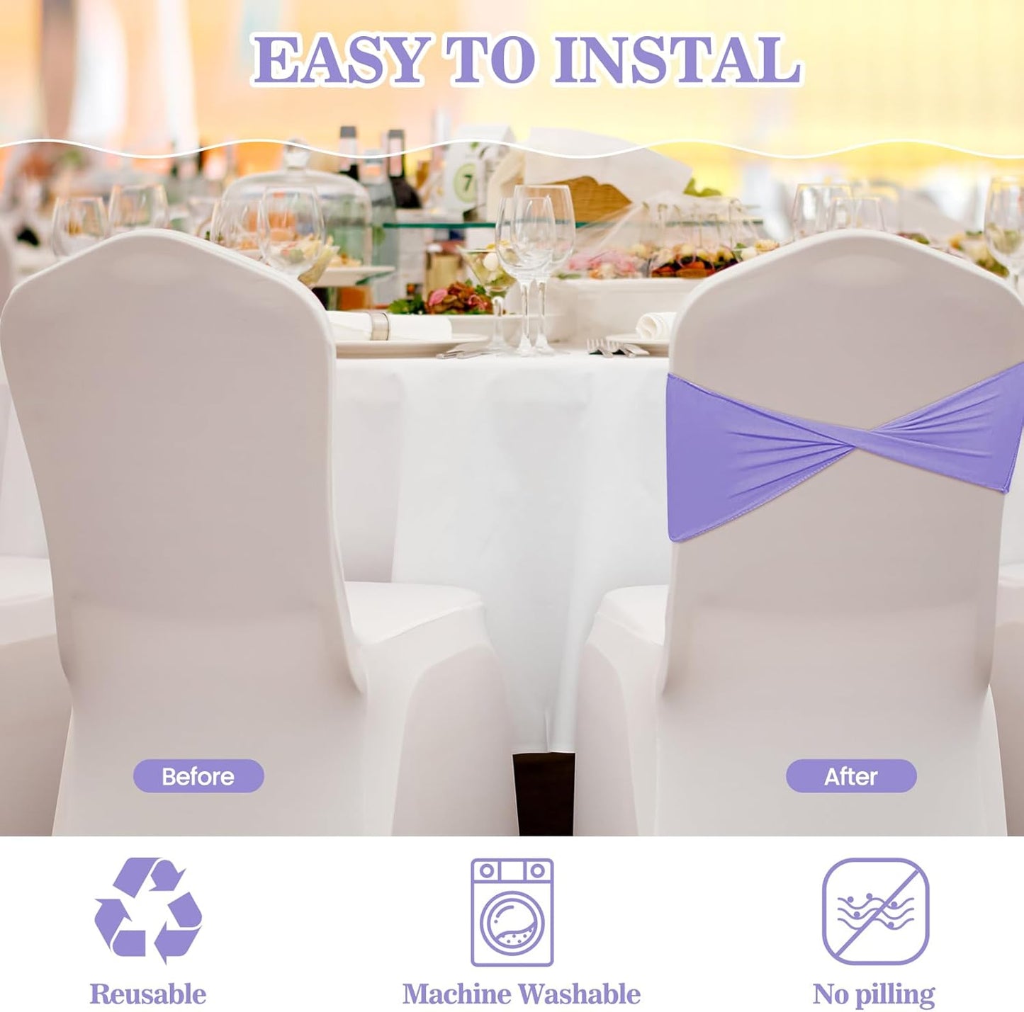 Kinlop 50 Pcs Spandex Chair Sashes Bows Chair Bands Slider Sashes for Covers Elastic Bands Ties Without Buckle Decorations for Wedding Party Events Ceremony Birthday(Light Purple)