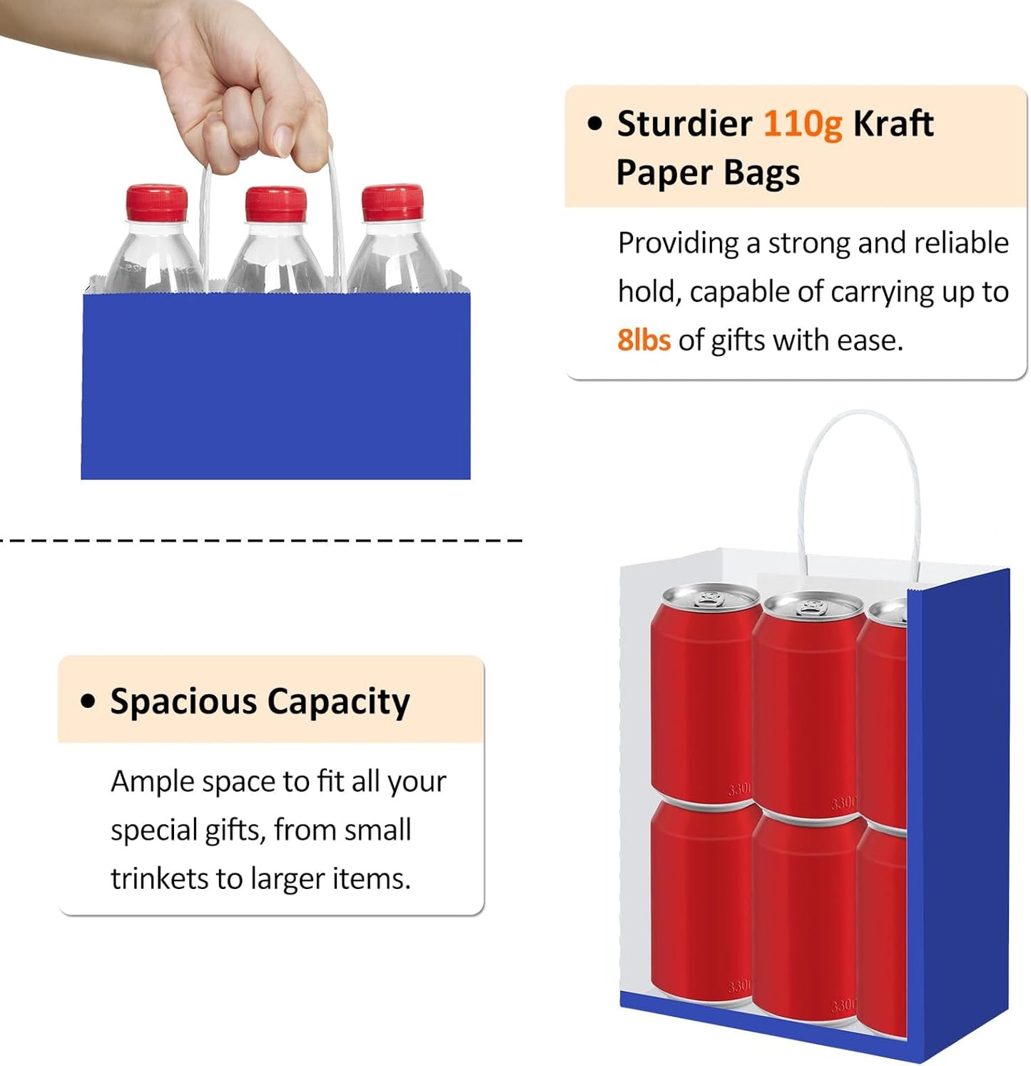 BagDream 8x4.25x10.5 Inch 100Pcs Royal Blue Gift Bags Medium Size, Kraft Paper Bags with Handles Bulk for Wedding, Party Favors, Business, Retail, Grocery Paper Sacks