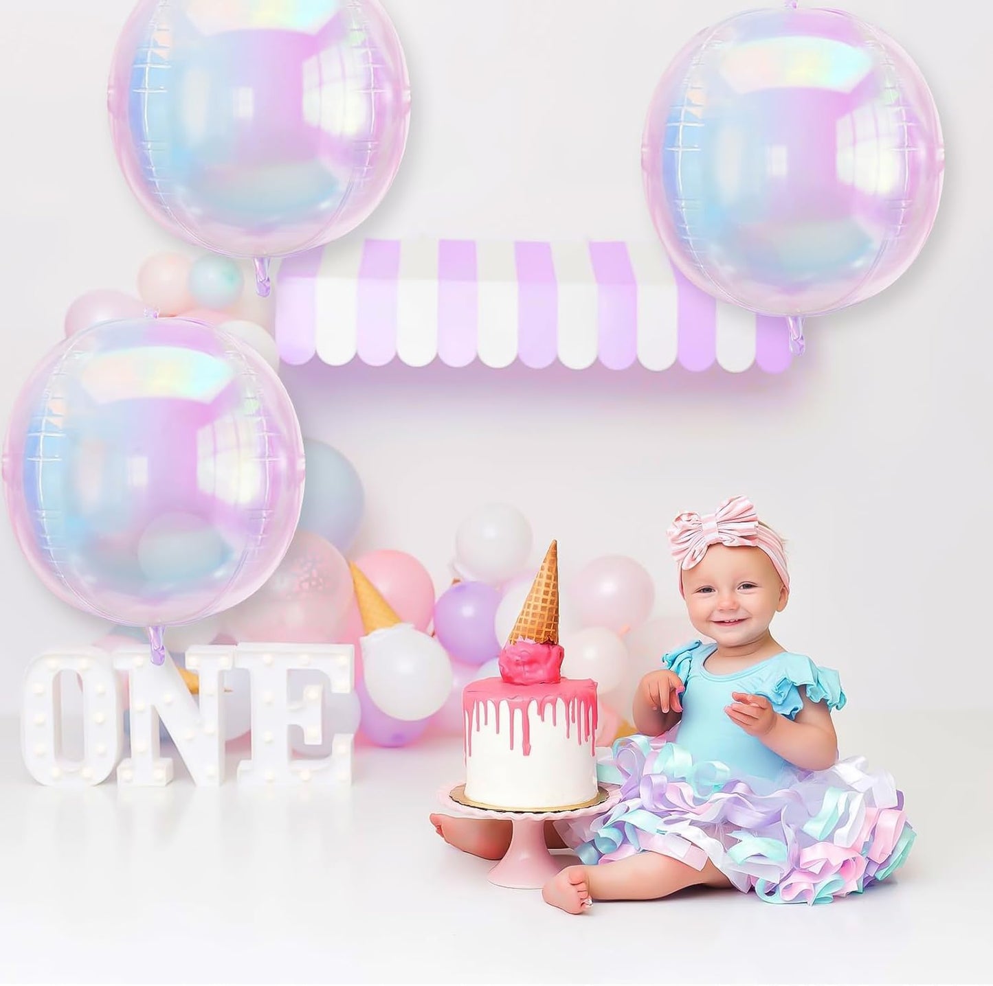 3Pcs Iridescent 4D Balloons, 32in Holographic Round Ball Balloon, Giant 4D Clear Rainbow Foil Balloon for Birthday Baby Shower Mermaid Rainbow Wedding Party Decorations