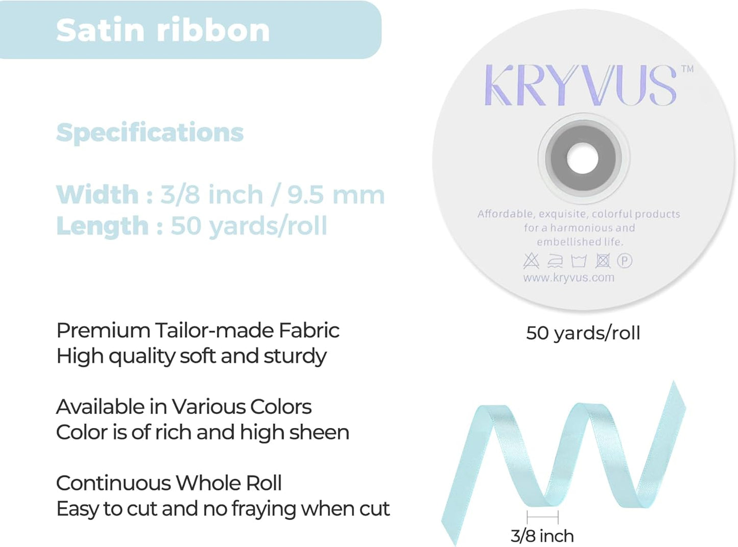 Light Blue Satin Ribbon 3/8 inch X Continuous 50 Yards, Single Face Polyester Ribbon Perfect for Gift Wrapping, Flower Bouquet, Wedding Decor, Crafts, Bow Making, Sewing and More